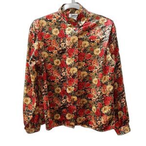 Vintage Notations 80s Womens Red Floral Satin Long Sleeve Blouse Mock Neck Sz 10